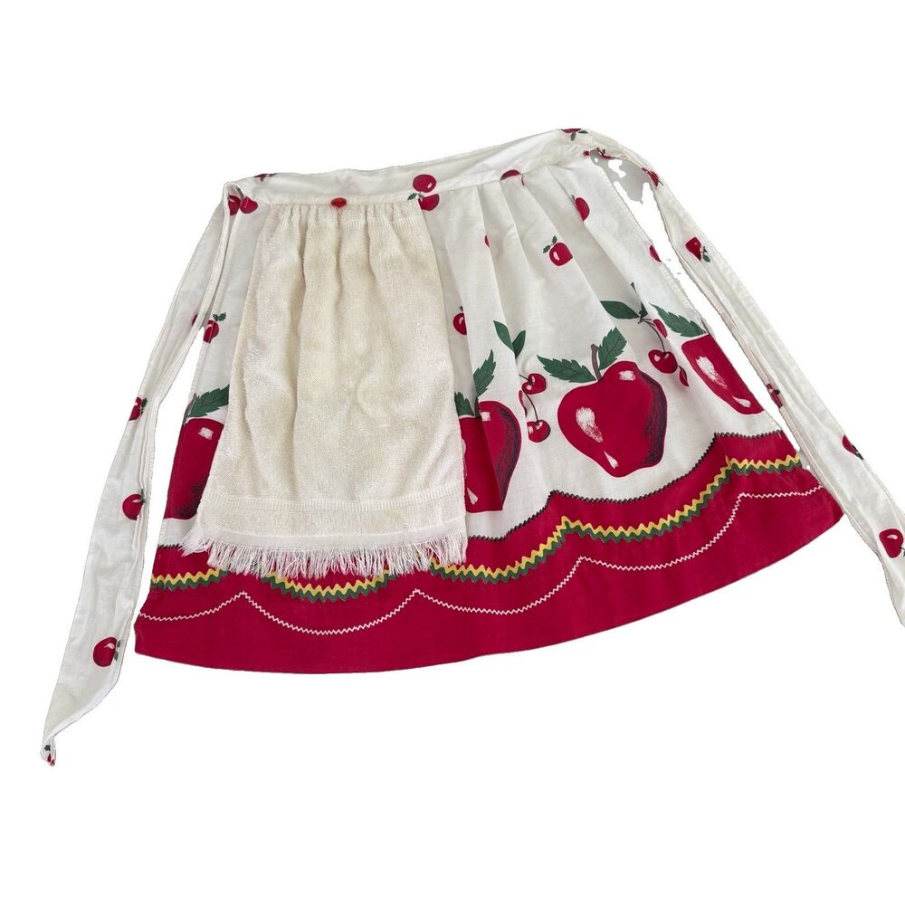 Vintage Handmade Apples Cherries Half Apron with Terry Hand Towel MCM Cottage